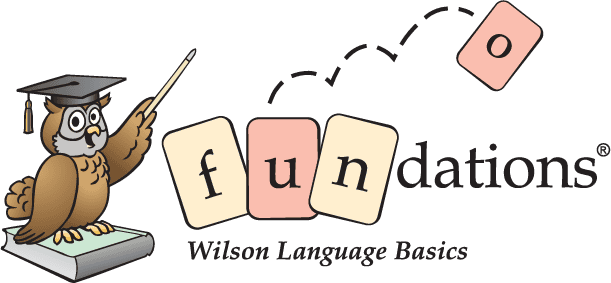 An owl wearing a graduation cap points to the word 'fundations,' spelled with letter tiles. A tile showing the letter 'o' appears to be moving into place. Text below reads 'Wilson Language Basics'.