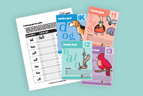PB Image A set of colorful practice books and a worksheet displayed on a light teal background. The books feature illustrations of a dog, a worm on a hook, a ladybug, and a red bird, labeled 'Practice Book K,' 'Practice Book 12,' and 'Practice Book 13.' The worksheet includes a word list with fill-in-the-blank activities.
