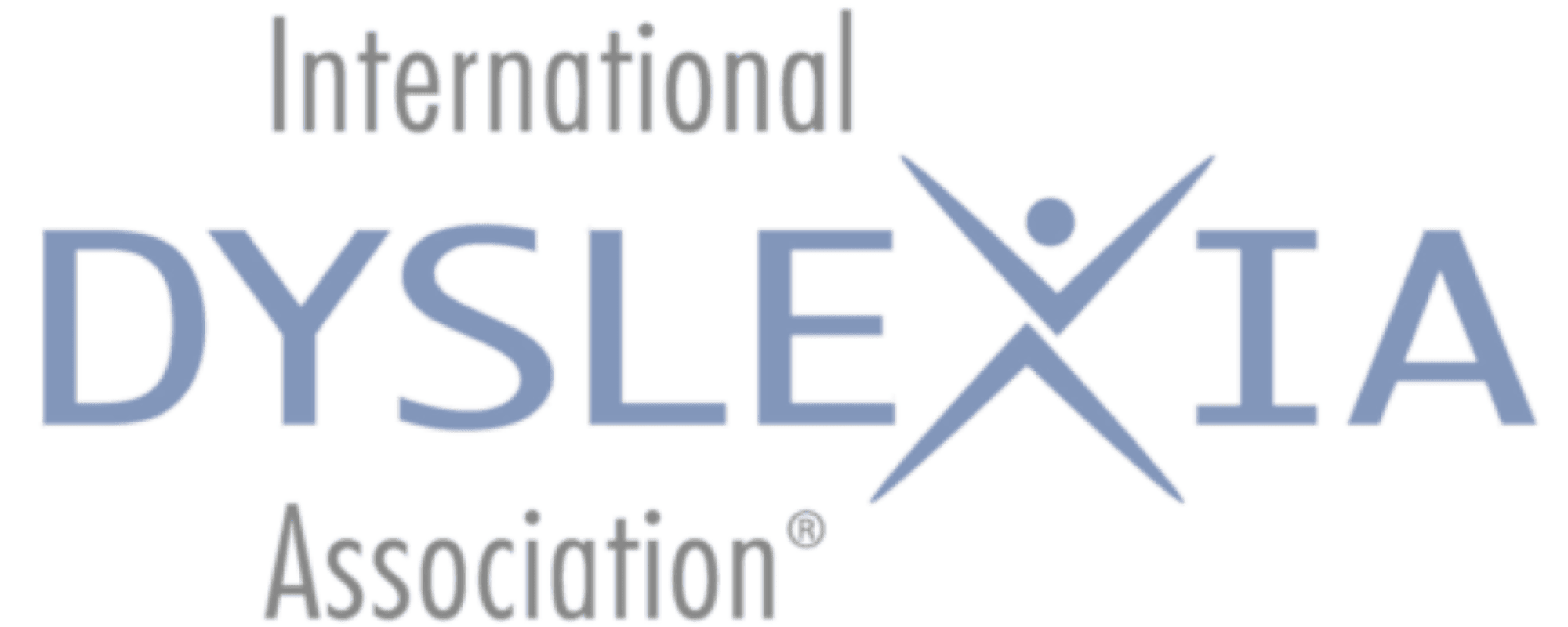 Logo of the International Dyslexia Association. "DYSL EXIA" is in large blue text with a stylized figure forming the 'X'. "International" and "Association" are in smaller gray text above and below, respectively.