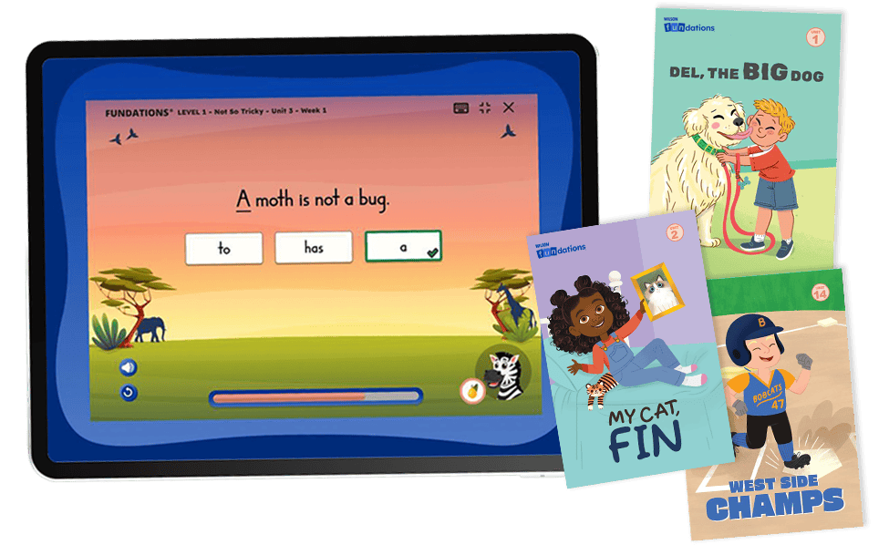 Digital tablet showing a sentence-building activity in FUN HUB, with illustrated decodable readers displayed alongside, including My Cat, Fin and Del, the Big Dog.