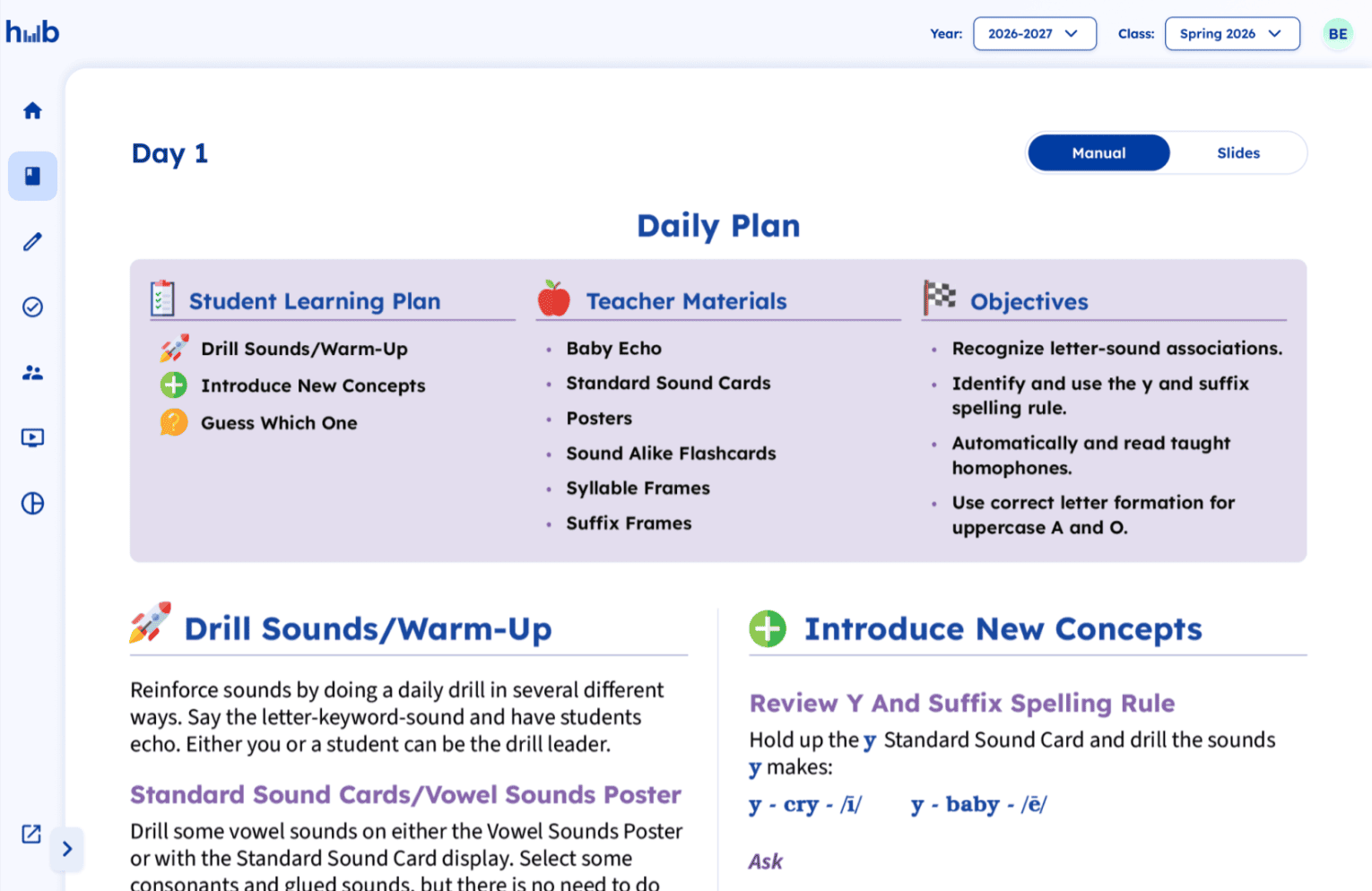 Fundations K-3 Daily Plan: Drill sounds, introduce concepts, teacher materials, and learning objectives.