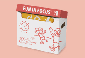 FiF Image A Fun in Focus™ Level 1 boxed set on a peach-colored background. The box features red illustrations of children playing and a smiling sun, along with the Fun in Focus™ logo and branding.