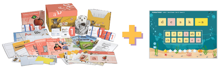 bundle-1 A Fundations® Level 1 bundle featuring physical materials, including instructional guides, cards, student notebooks, practice items, and an owl puppet. To the right is a digital learning activity showing a Fundations® Level 1 screen with letter tiles forming words and an underwater theme. A plus sign connects the physical and digital components.