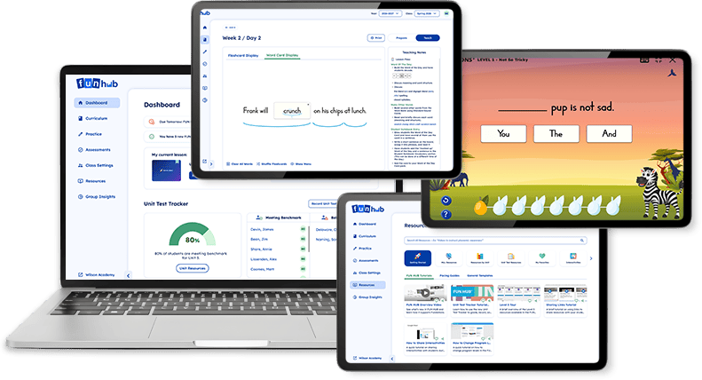 A laptop and two tablets display Fundations digital resources, including a student dashboard, sentence building activity, and lesson content.