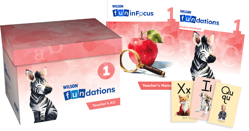 Wilson Fundations Level 1 Teacher’s Kit with student and teacher materials, illustrated alphabet cards, and zebra-themed packaging.